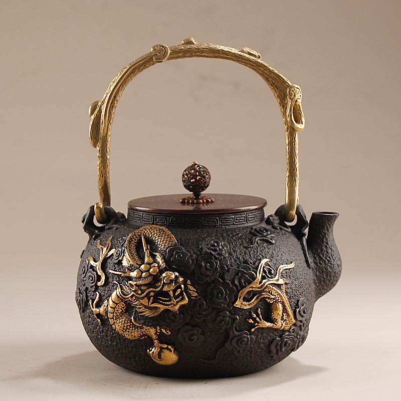 Cast Iron Teapot - 1.3L 鋳鉄製水差し/ Gongfu ティーポット、模様入り、高級ビジネスギフト、中国のレトロスタイル、手作り、家庭用ティーセット