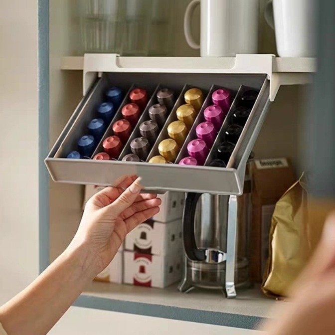 Coffee Tea Box - コーヒーカプセルホルダー カプセルコーヒー ティーバッグ収納ラック 引き出し整理ボックス 穴あけ不要 省スペース収納ボックス