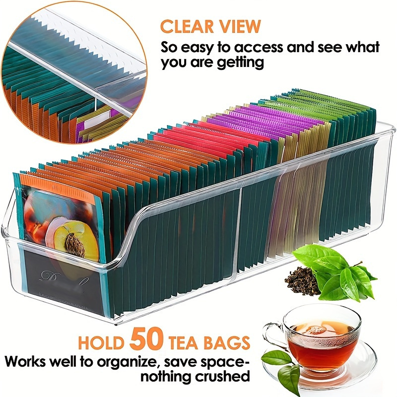 Coffee Tea Box - 1個入り透明ティーバッグオーガナイザーボックス - 砂糖、コーヒー、スパイス用の収納ホルダー - キャビネットやカウンタートップの収納ソリューション