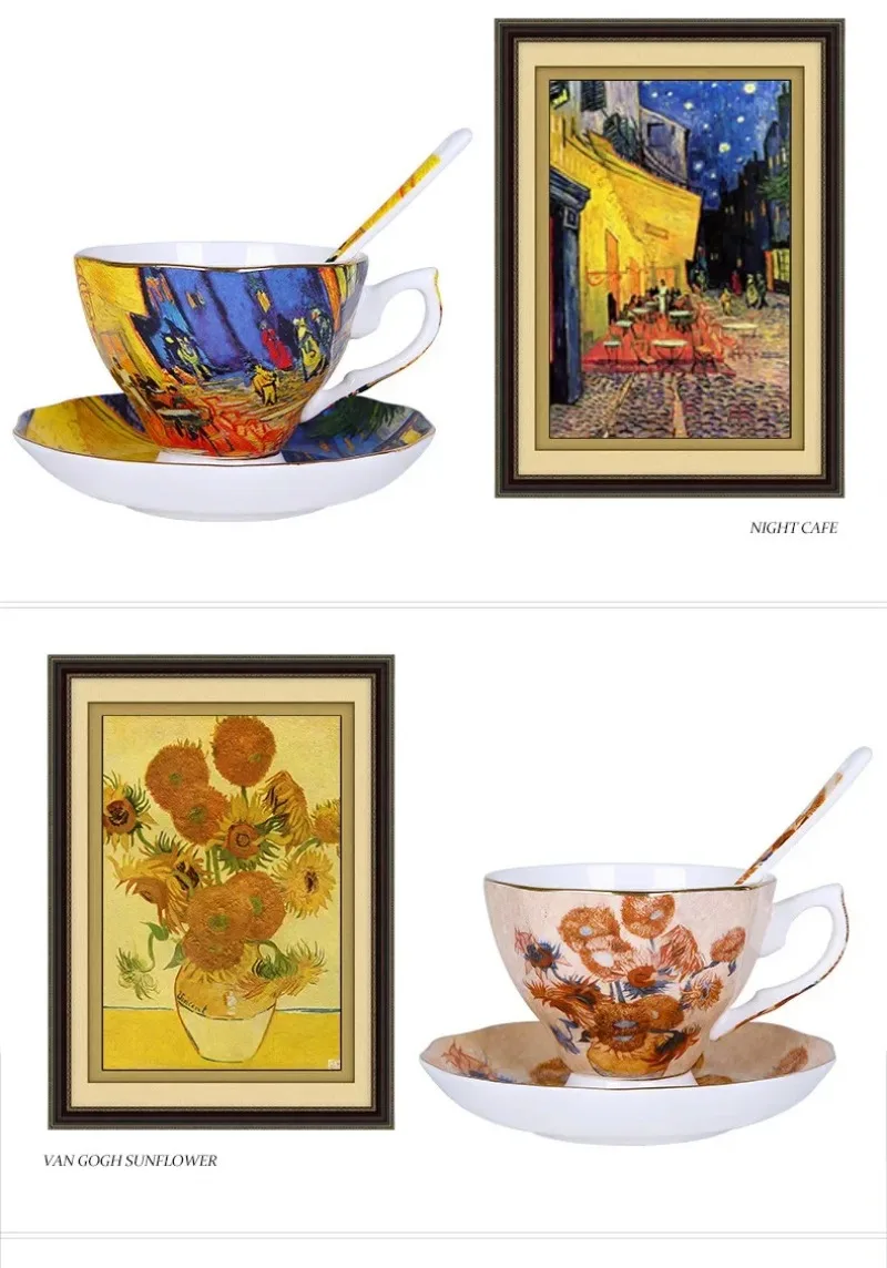 Coffee Tea Van - ゴッホのアート絵画コーヒーカップマグ、ティーマグ、スプーンとソーサー付き、『星月夜』、『ひまわり』、『種まき人』、『アイリス』、サンレミ、クリスマスギフト