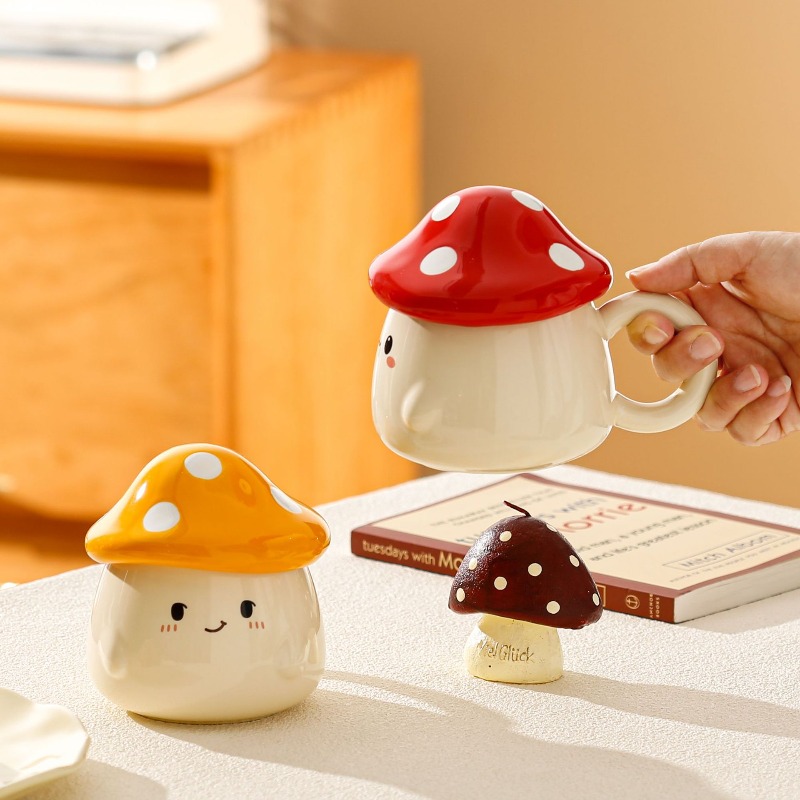 Coffee Tea Latte - 蓋付きキノコ型セラミックマグカップ クリエイティブなカップルカップ ラテマグ ミルクカップ オートミールカップ 朝食カップ