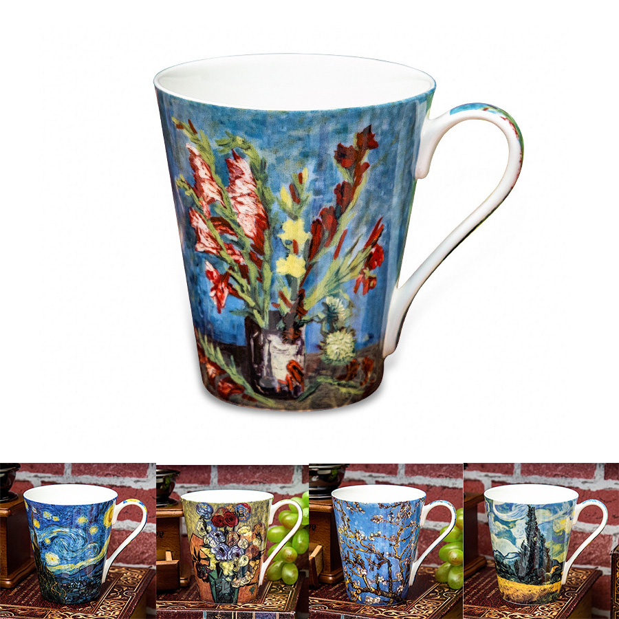 Coffee Tea Van - 5 個セットボーンチャイナゴッホ油絵アートマグコーヒーカップフラワーティータンブラーギフトボックス高級クリエイティブセラミック食器