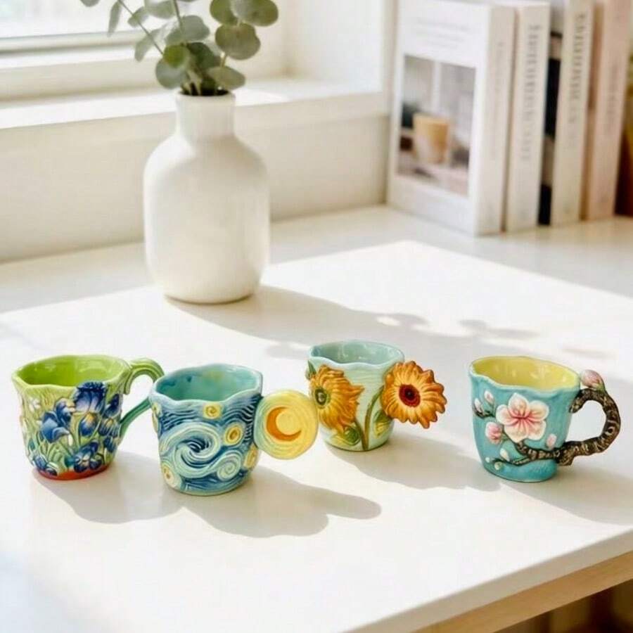 4個セットのゴッホシリーズエンボス加工セラミックイタリアンコ - Coffee Tea Van のレビューと価格